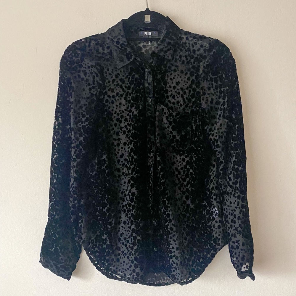 Paige button down shirt, black leopard burnout, semi sheer/velvet, black, XS